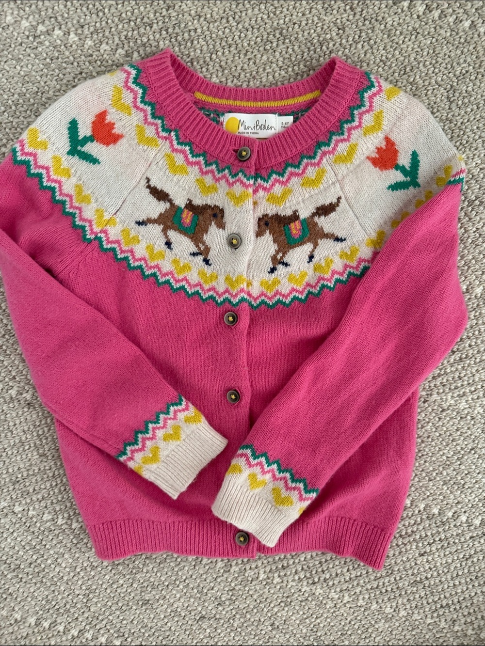 Mini Boden Bright Pink Fair Isle Dog Motif Cardigan